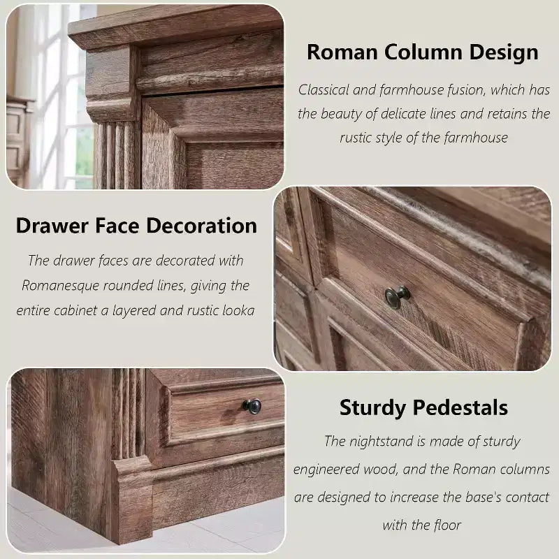 Commode Sincido 6 tiroirs pour chambre à coucher, commode de style ferme de 122 cm de large avec colonne romaine