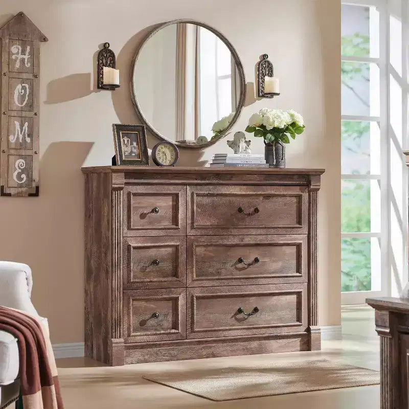 Commode Sincido 6 tiroirs pour chambre à coucher, commode de style ferme de 122 cm de large avec colonne romaine