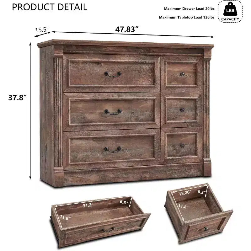 Commode Sincido 6 tiroirs pour chambre à coucher, commode de style ferme de 122 cm de large avec colonne romaine