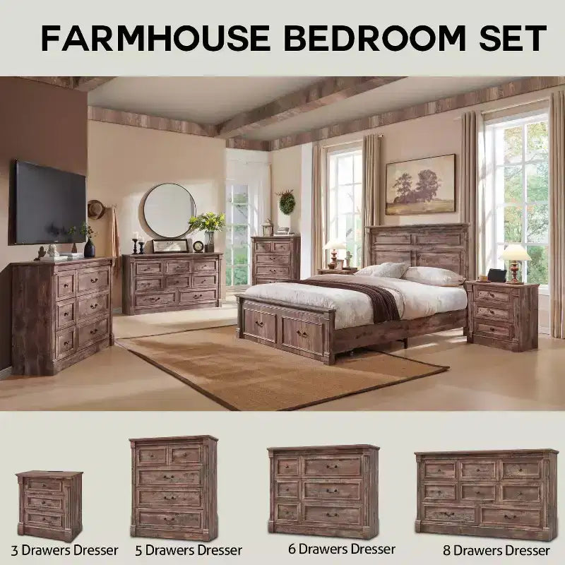 Commode Sincido 6 tiroirs pour chambre à coucher, commode de style ferme de 122 cm de large avec colonne romaine
