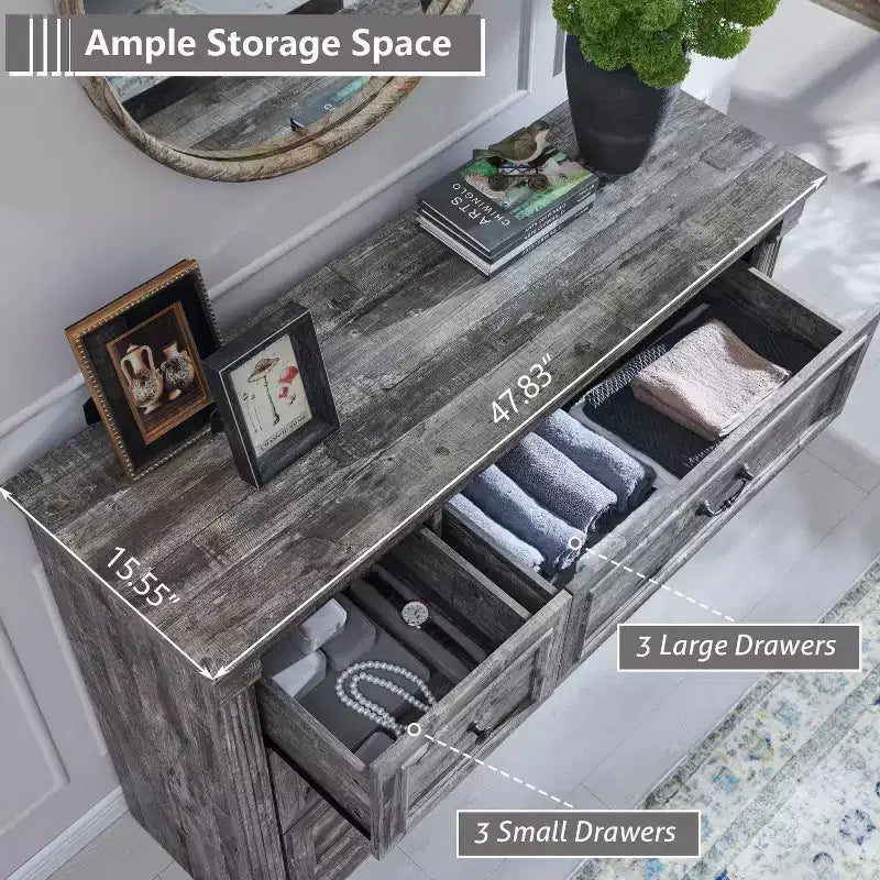 Commode Sincido 6 tiroirs pour chambre à coucher, commode de style ferme de 122 cm de large avec colonne romaine
