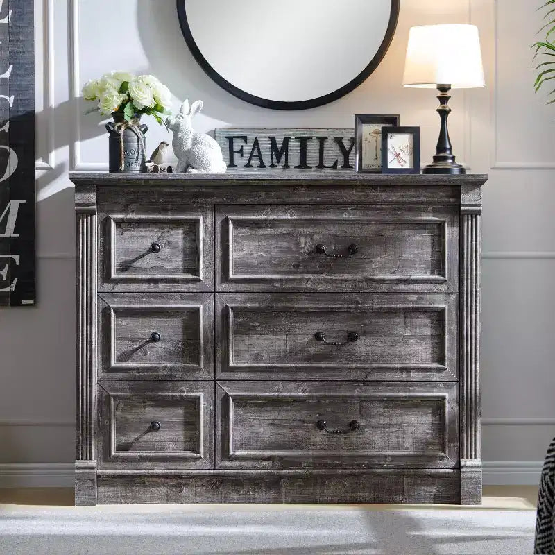 Commode Sincido 6 tiroirs pour chambre à coucher, commode de style ferme de 122 cm de large avec colonne romaine