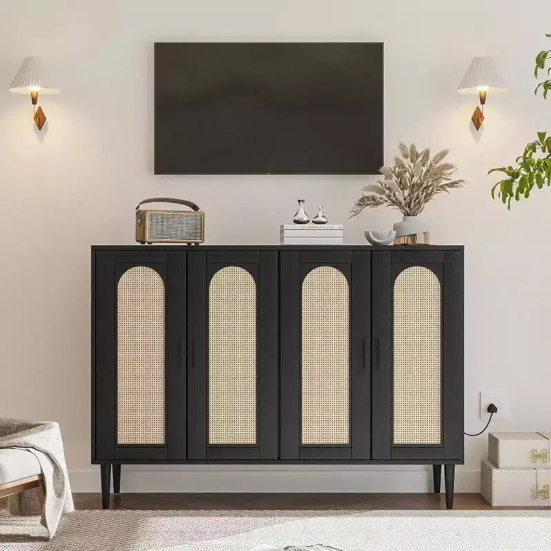 Meuble de buffet, armoire de rangement d'appoint à 4 portes en rotin avec étagères réglables pour le salon