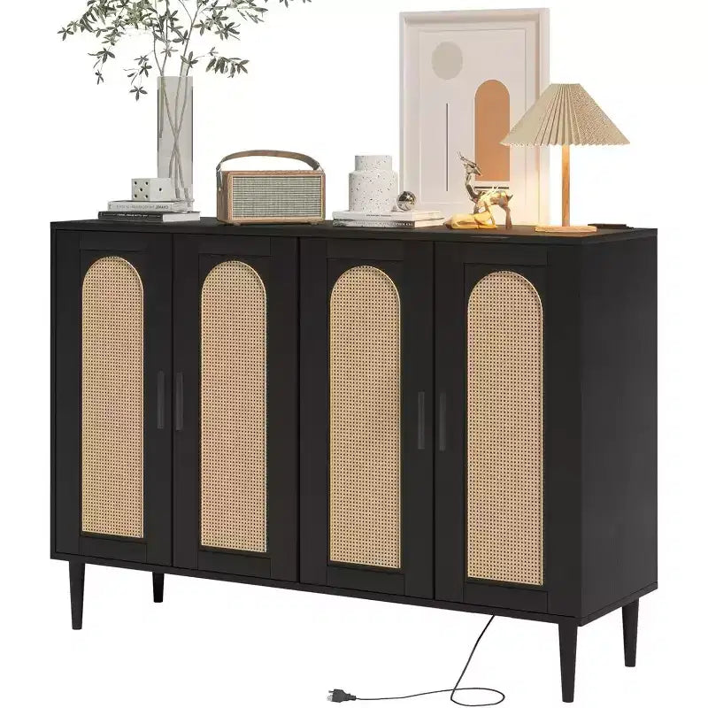 Meuble de buffet, armoire de rangement d'appoint à 4 portes en rotin avec étagères réglables pour le salon