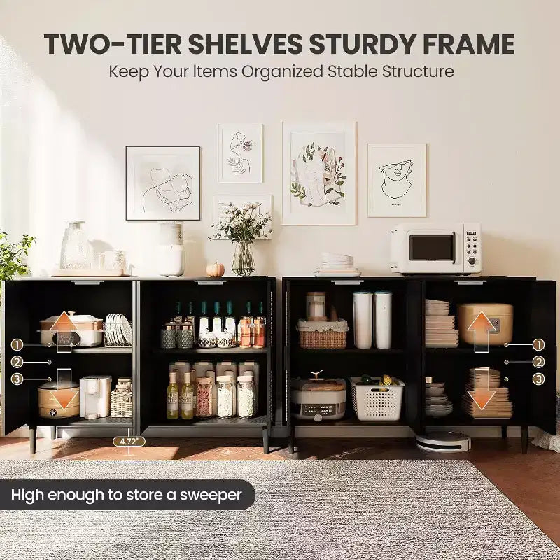 Meuble de buffet, armoire de rangement d'appoint à 4 portes en rotin avec étagères réglables pour le salon