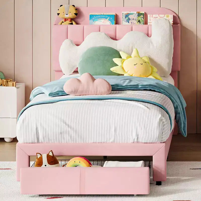 Cadre de lit double Garvee avec tiroir, plateforme de lit en velours avec tête de lit de rangement, aucun sommier tapissier requis, montage facile
