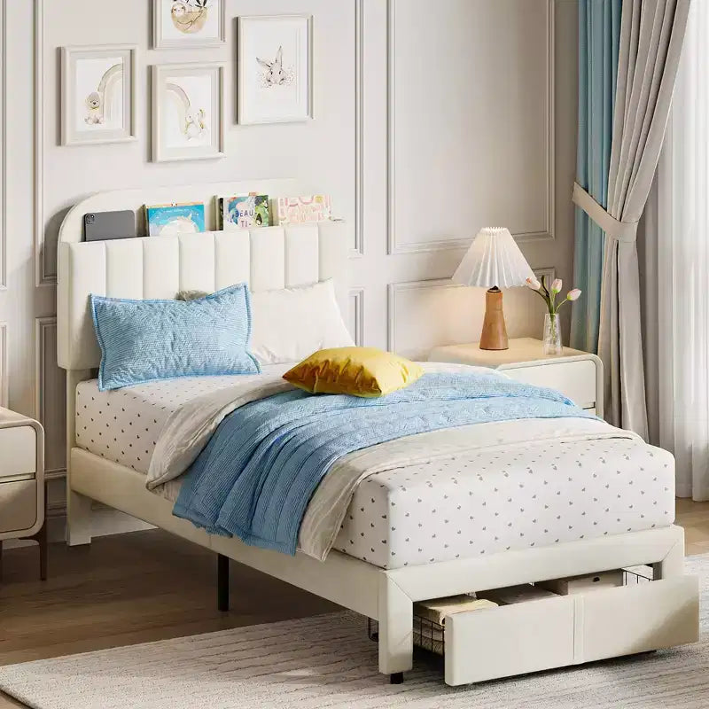 Cadre de lit double Garvee avec tiroir, plateforme de lit en velours avec tête de lit de rangement, aucun sommier tapissier requis, montage facile
