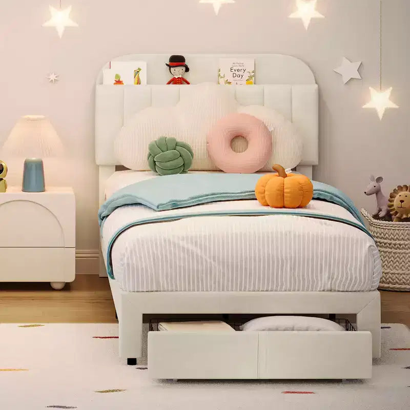 Cadre de lit double Garvee avec tiroir, plateforme de lit en velours avec tête de lit de rangement, aucun sommier tapissier requis, montage facile