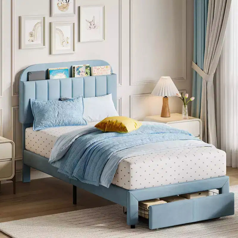 Cadre de lit double Garvee avec tiroir, plateforme de lit en velours avec tête de lit de rangement, aucun sommier tapissier requis, montage facile