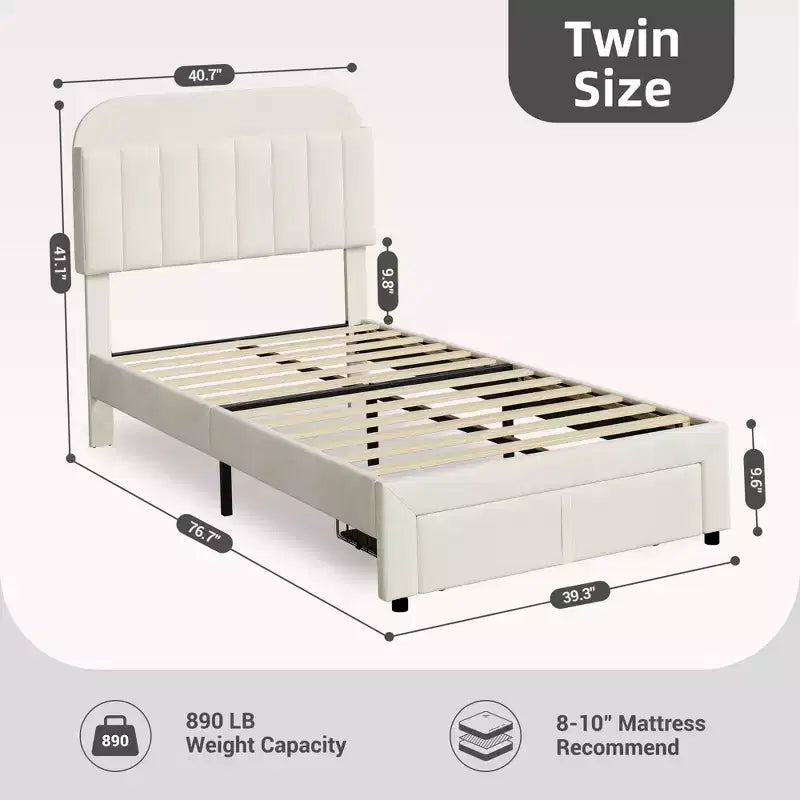Cadre de lit double Garvee avec tiroir, plateforme de lit en velours avec tête de lit de rangement, aucun sommier tapissier requis, montage facile