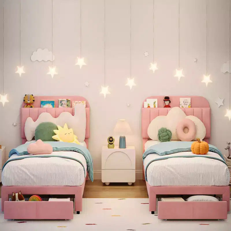 Cadre de lit double Garvee avec tiroir, plateforme de lit en velours avec tête de lit de rangement, aucun sommier tapissier requis, montage facile