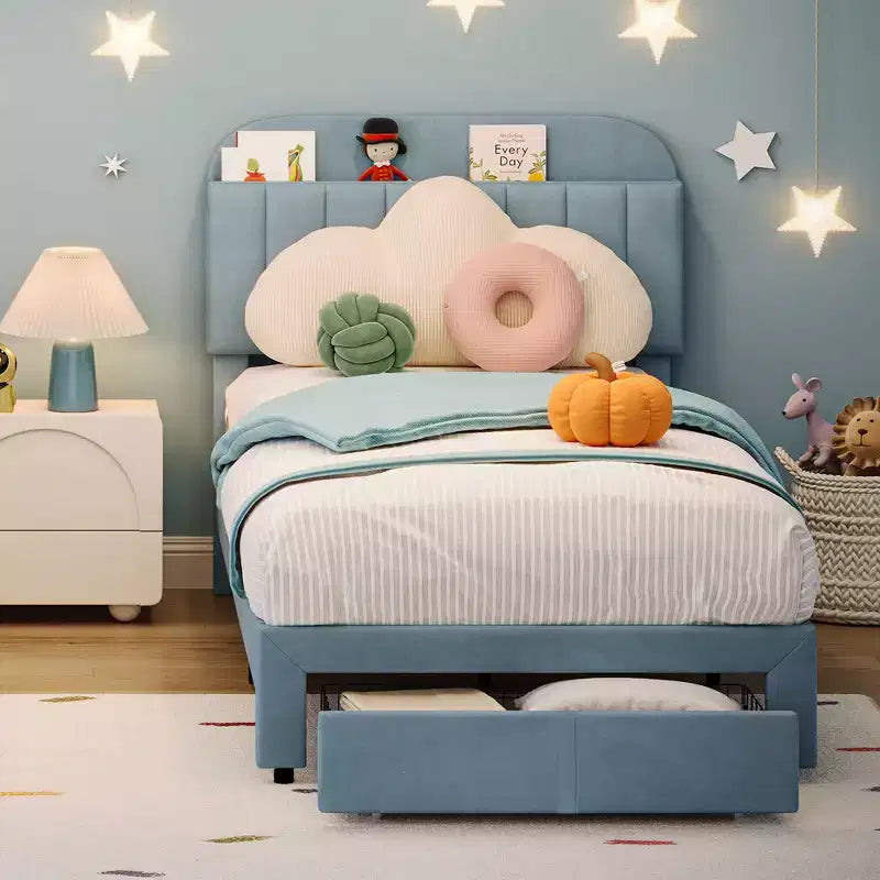 Cadre de lit double Garvee avec tiroir, plateforme de lit en velours avec tête de lit de rangement, aucun sommier tapissier requis, montage facile