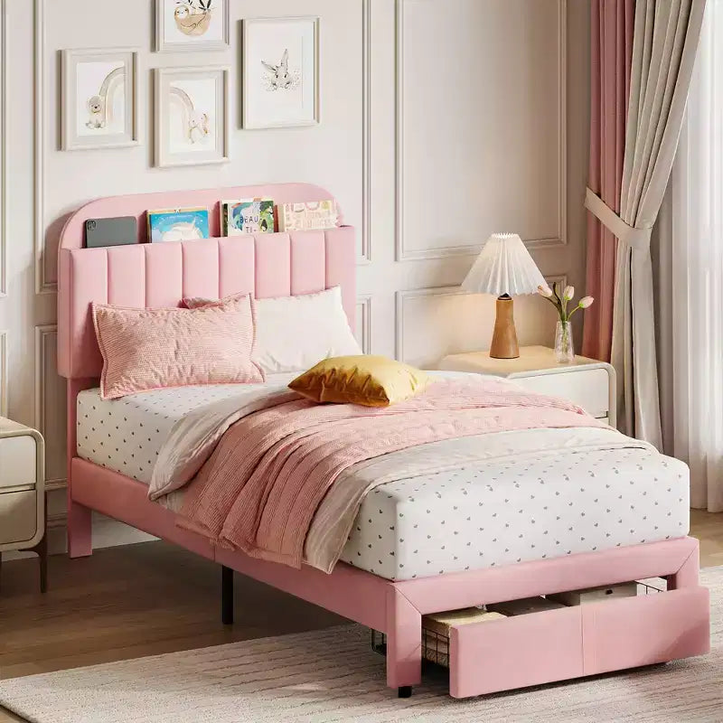 Cadre de lit double Garvee avec tiroir, plateforme de lit en velours avec tête de lit de rangement, aucun sommier tapissier requis, montage facile